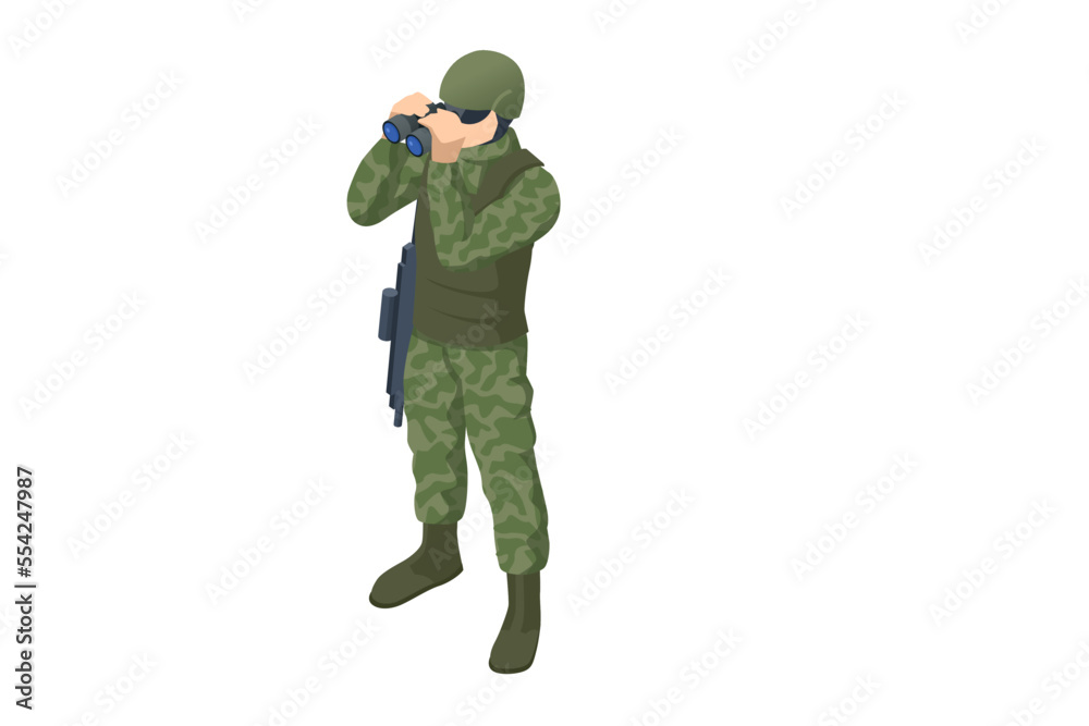 Isometric military soldier, scout in battle uniform and helmet, looking through binoculars, observing area, searching targets, monitoring. Army, military Isometric military soldier, scout in battle uniform and helmet, looking through binoculars, observing area, searching targets, monitoring. Army, military
