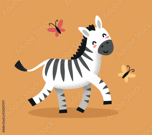 Cute funny running zebra vector illustration with butterflies 