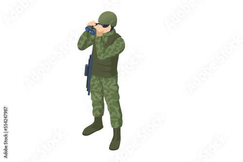 Isometric military soldier, scout in battle uniform and helmet, looking through binoculars, observing area, searching targets, monitoring. Army, military