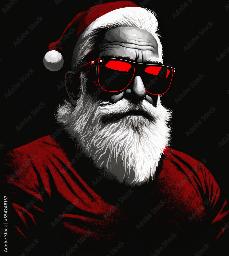 fat but cool santa clause wearing sunglasses, black background