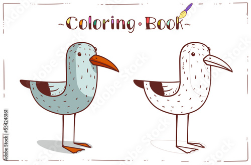 A Seagull, Coloring Sheet. Cartoon outline picture of a bird with colored example. Horizontal colouring book page. Contour illustration for children's preschool education. Home activity for a kid.