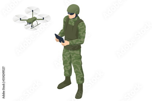 Isometric Special Soldier are Using Drone for Scouting During Military Operation, observing area, searching targets, monitoring enemy movements, directing artillery fire