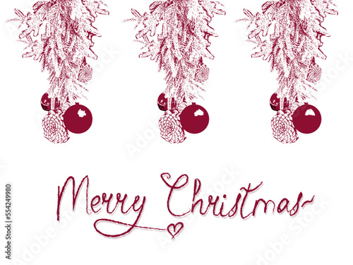Merry Christmas banner card with decorations red marsala color