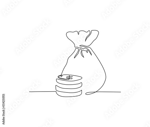 Continuous one line drawing of money bag. Money storage and investment single Line art. Saving, Investment and finance bank concept.