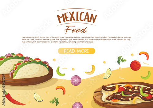 Website landing page template with mexican dish tacos and fajita fried meat with vegetables and cheese on a wooden tray. Fast food restaurant and street food snacks, meat tortillas,  food delivery