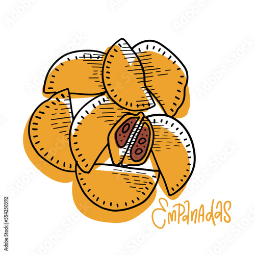 Baked empanadas burekas, panzerotti, hachapuri sketch concept. Fried traditional pastry stuffed with meat, cheese, vegetables isolated on white. Savoury pastries with stuffing linear illustration.