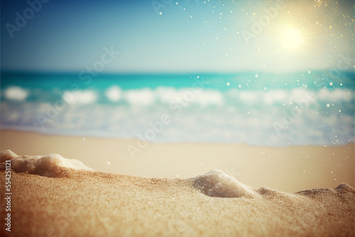 Tropical summer sand beach and bokeh sun light Generative AI	