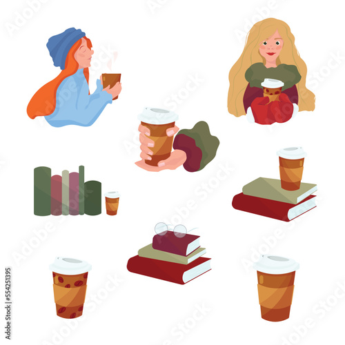 Winter coffee girl and books set