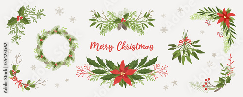 Christmas hand drawn festive collection elements winter design. Banner with floral decoration, borders, frame, wreath, seasonal flowers and plants. Vector illustration for  card, invitation, poster