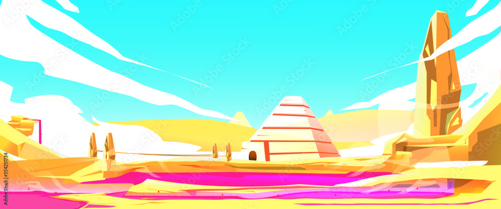 Pyramid desert landscape with complex illuminated sandstone soil on bright purple fantasy rays vector background. Ancient history, fantasy pyramid with purple color river
