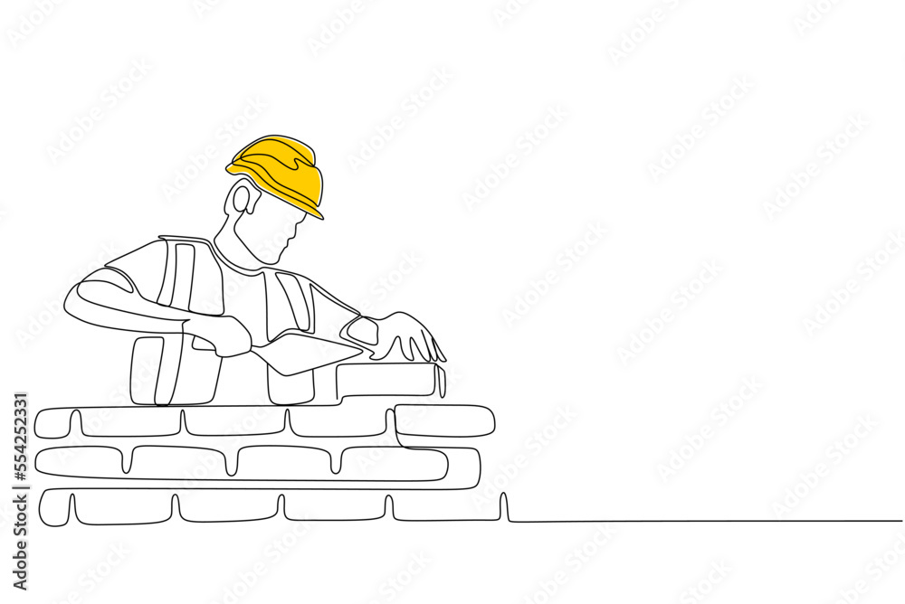 Continuous one line drawing Construction worker lay clay bricks to form