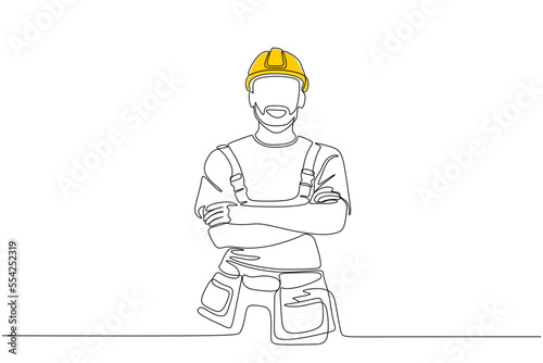 Single continuous line drawing of young construction manager giving instruction to builder coordinator at site meeting. Building architecture business concept. One line draw design vector