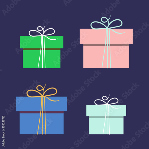 Merry christmas and Happy New Year. Green, Blue and Pink Gifts boxes.