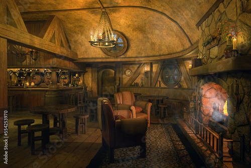 Armchairs by the fire in an old medieval tavern bar in the evening. 3D rendering.