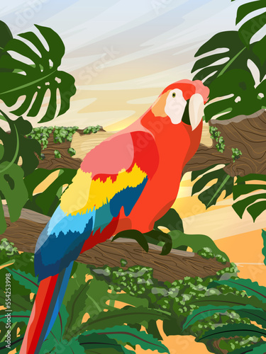 A bright parrot macaw sits on the branches of a tropical tree with moss and large leaves. Realistic vector landscape