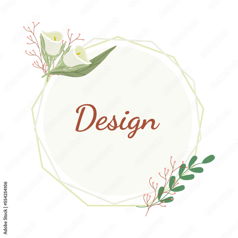 Postcard with frame with flowers and leaves. Design. Holiday invitation. Vector stock illustration