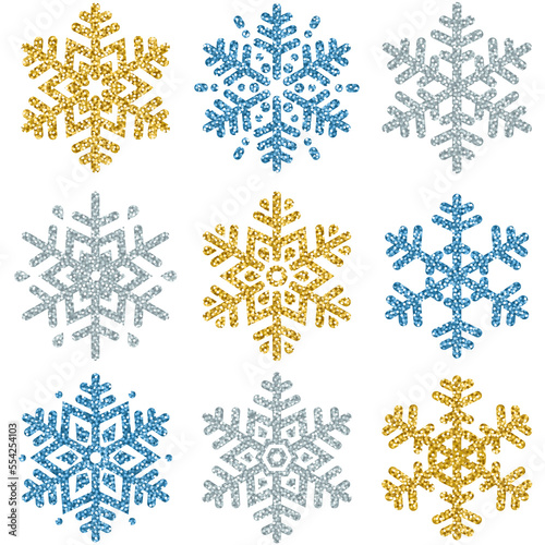 Set of color glittering snowflakes over transparent backgrounds  PNG illustration
