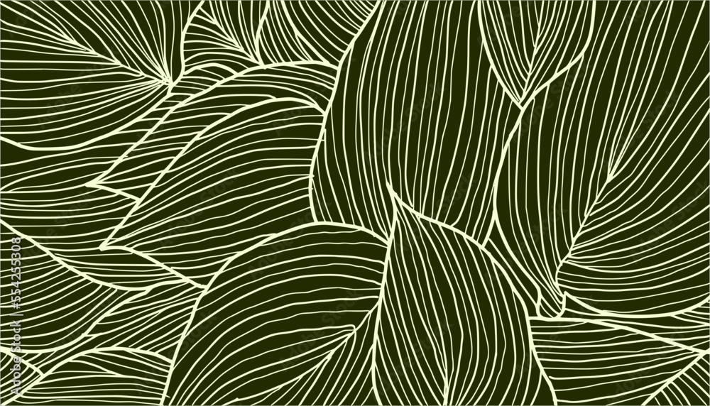 Luxury Nature green background vector. Floral pattern, Golden split-leaf Philodendron plant with monstera plant line arts, Vector illustration.