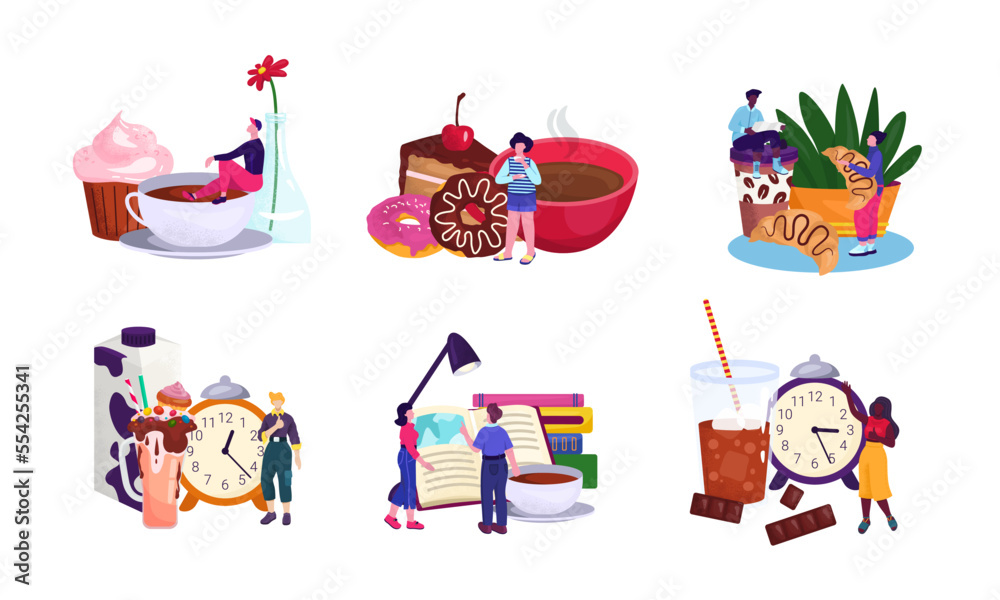 Person set cartoon design collection with coffee, vector illustration. People young man woman character drink in flat cafe. Person set cartoon design collection with coffee, vector illustration. People young man woman character drink in flat cafe.