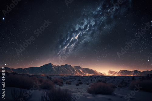 Milky way at desert during beautiful night. Mountains in the background. AI Generated Illustration. _ai_generated . High quality illustration