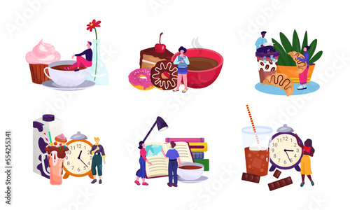 Person set cartoon design collection with coffee, vector illustration. People...