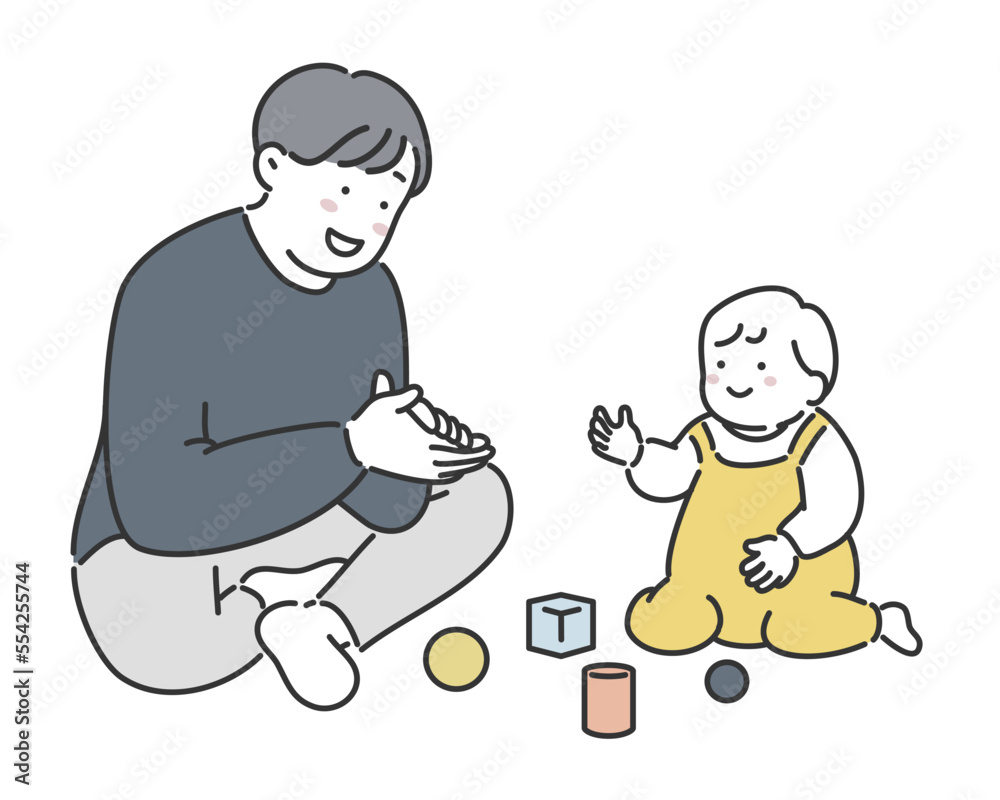 おもちゃで遊ぶ赤ちゃんとお父さんのイラスト素材