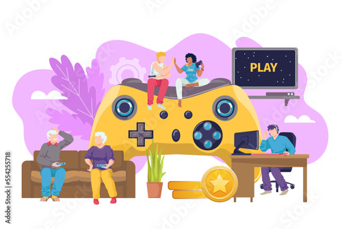 Computer game joystick for everyone vector illustration. Console technology for gamer play background, people family player. photo