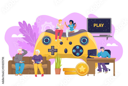 Computer game joystick for everyone vector illustration. Console technology for gamer play background, people family player.