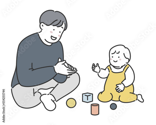 おもちゃで遊ぶ赤ちゃんとお父さんのイラスト素材