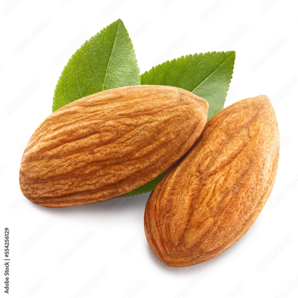 Two almonds with leaves close-up, isolated on white background Two almonds with leaves close-up, isolated on white background