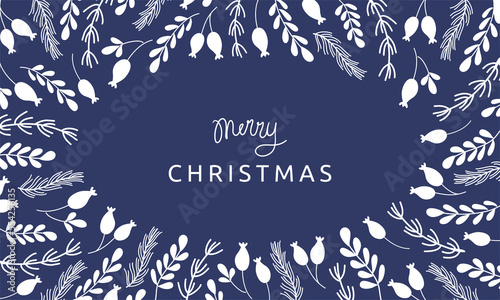 Beautiful Winter plant background with pine twigs, leaves and rosehip berries. Merry Christmas lettering. Vector illustration.
