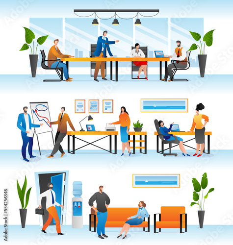 Business team people work in office set, vector illustration. Teamwork job me...