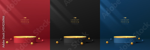 Set of 3D luxury background with red, golden, blue and black realistic cylinder pedestal podium. Abstract vector rendering geometric forms. Mockup product display. Minimal wall scene. Stage showcase.