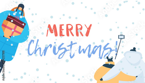 Happy winter holiday celebration, merry christmas card vector illustration. C...