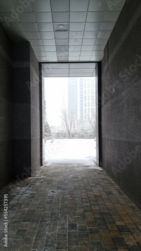 A snowy view from the hallway