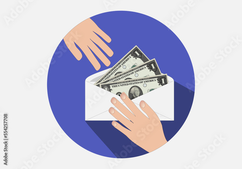 Pago o cobro en efectivo con sobre de billetes de dólar. Corrupción. Chantaje