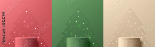 Set of 3D christmas background with red, cream, green realistic cylinder stand podium. Neon bulb light on christmas tree. Vector mockup product display. Abstract minimal wall scene. Stage showcase.