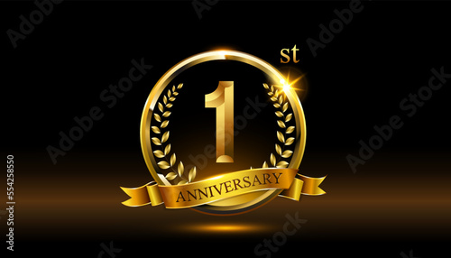1st anniversary logo with golden ring, confetti and Gold ribbon isolated on elegant black background, sparkle, vector design for greeting cath and invitation cath