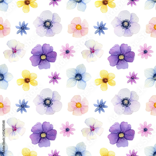 Watercolor floral seamless pattern, summer spring background, blossom garden graphics, greenery illustration, flower Easter cartoon collection, botanical garden nature background  