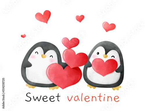 DDraw couple love penguins with red heart for valentine