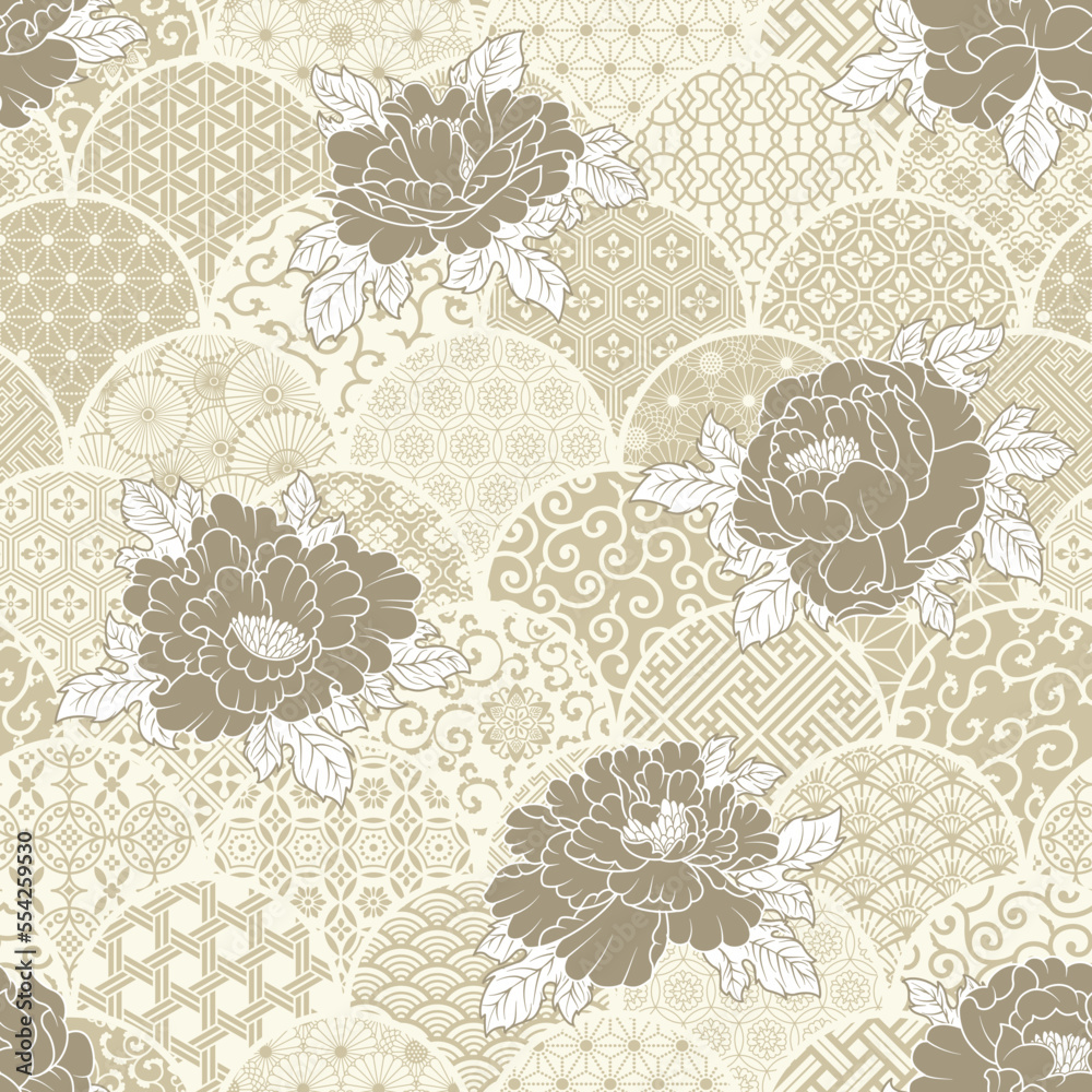 Peony flowers with traditional Japanese fabric motifs patchwork background vector seamless pattern
