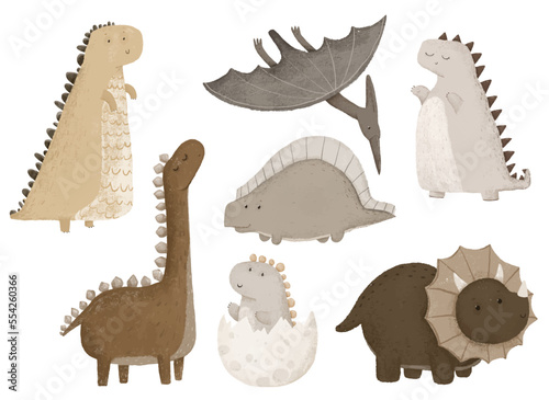 set of dino stickers, dino clipart, dinosaur in natural colours, boho design and print