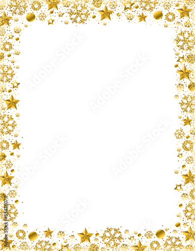 Christmas transparent background with  border of golden glittering snowflakes and stars. PNG