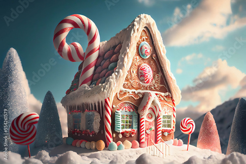 Beautiful fairy tale Christmas gingerbread house with lights in the windows and candy canes, icing, snow, winter scene, AI generated image
