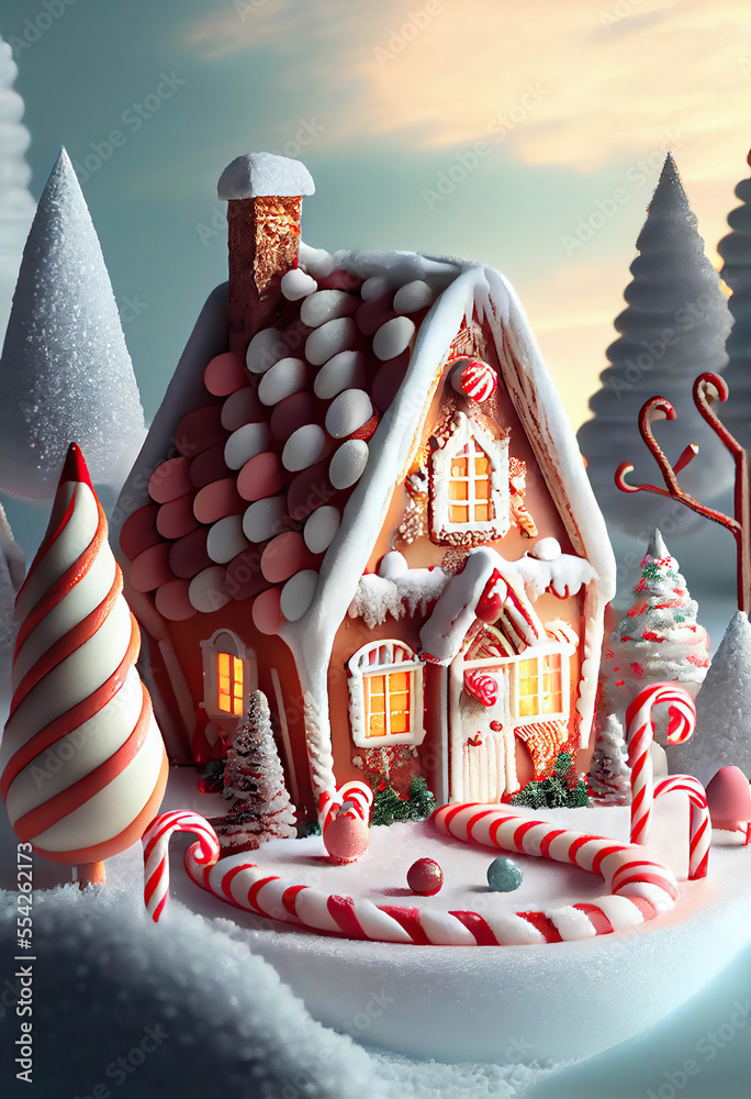 Beautiful fairy tale gingerbread house with candy fir trees and candy ...