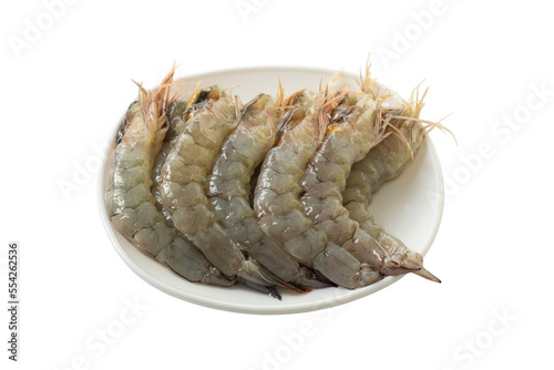 Raw shrimps peel the shell or fresh prawns in white plate prepared for cooking isolated on white background included clipping path.