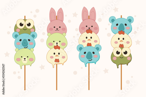 Animal-shaped dango asian sweet food set. Frog, koala, bear, bunny, chicken. Kawaii food poster