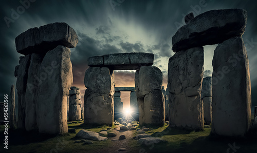 Stonehenge Circle of Stones with a Dramatic Sky Sunset behind it. digital art	 photo