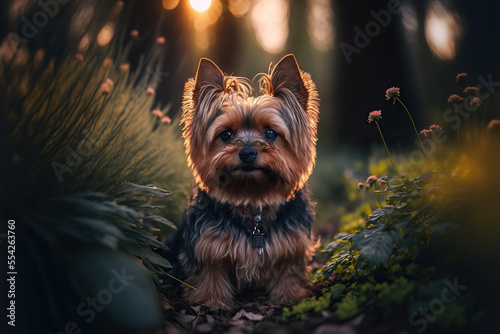 Yorkshire terrier portrait in nature. Concept of animal life, care, health and pets. AI 