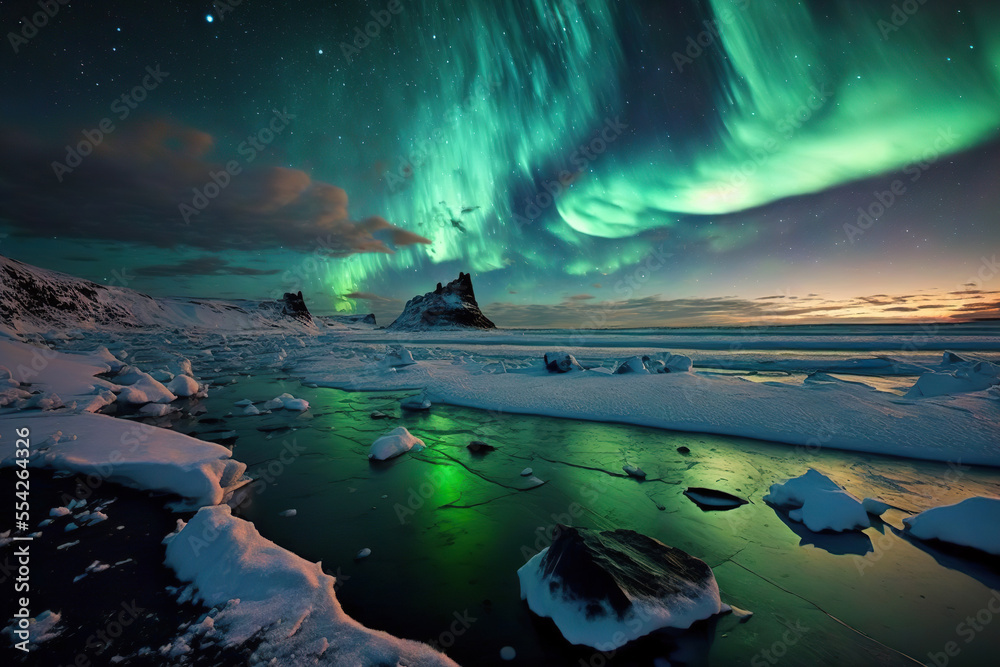 Beautiful northern lights landscape. Aurora borealis above mountains reflected in the sea. AI	
